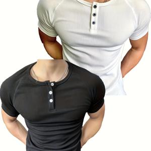 TEMU [Shule Water OBM] 2개 세트 나사산 피트니스 탄성 통기성 캐주얼 스포츠 헨리 셔츠 버튼업 티셔츠