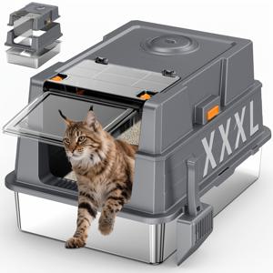 TEMU XXXL 스테인리스 스틸 고양이 화장실 뚜껑 포함, 크기 28인치(길이) X 20인치(너비) X 17인치(높이), 초대형 사이즈, 다중 고양이 가정에 적합, 비점착 바닥, 누수 방지, 세척 용이 (회색)