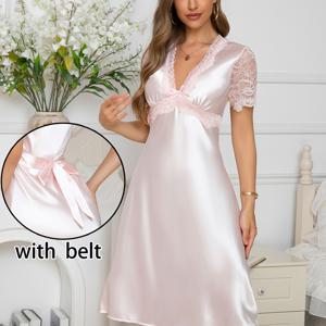 TEMU 여성 새틴 롱 나이트가운 V넥 레이스 반팔 벨트 타이 우아한 롱 스커트 홈웨어 파자마 고급스러운 우아함, 홈 침실 파티 결혼식 선물 사계절 홈 나이트가운에 적합