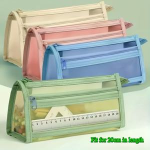 TEMU 4개 세트 4색 메쉬 지퍼 필통 | 대용량 이중 레이어 정리함 | 다기능 내구성 파우치 (문구류 & 메이크업용)