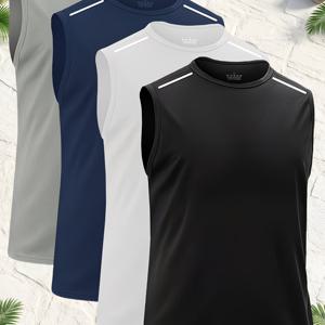 TEMU 남성용 민소매 조끼 4종 세트 (블랙, 화이트, 그레이, 네이비 블루). 통기성 좋은 경량 원단으로 제작되었으며, 속건성 라운드넥 민소매 탑으로 운동 및 피트니스 훈련에 적합합니다.