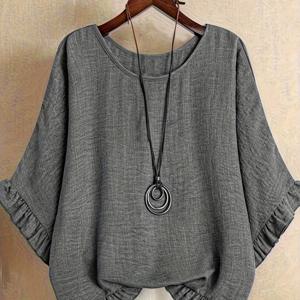 TEMU 여성 솔리드 컬러 라운드넥 배트윙 슬리브 루즈 러플 헴 커프 라운드넥 풀오버 셔츠 [YTD]