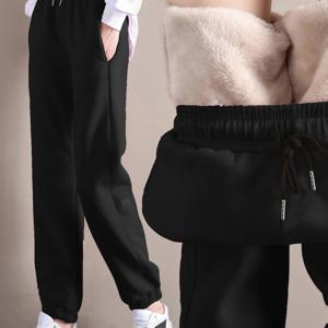 TEMU 여성용 안감 루즈핏 보온 팬츠 - 두꺼운 겨울 방한 캐주얼 스웨트팬츠, 야외 및 가정용 편안하고 여유로운 라운지 하의