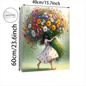 TEMU 2D 플랫, 1개 빈티지 플로럴 캔버스 그림 - 파스텔 색상의 거대한 꽃다발을 든 소녀 (핑크, 노랑, 파랑, 보라, 주황, 흰색, 초록) - 거실, 침실, 주방용 액자형 벽 장식 - 집들이, 생일, 결혼, 크리스마스 선물 - 우아한 홈 랩드 캔버스 프레임 - 실내 공간을 위한 플로럴 걸 아트 프린트, 2D 플랫