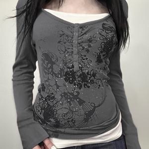 TEMU Y2K 버튼 긴팔 티셔츠, 빈티지 프린트, 페이크 투피스, 여성용 가을/겨울 그랑지 탑, 일본/한국 스타일