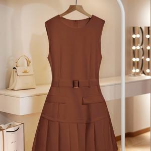 TEMU 웨딩 크리스마스 외출용 러플 헴 디자인 라운드넥 드레이프드 드레스, 심플하고 우아한 벨트 포함, 가을 겨울