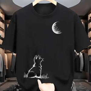 TEMU 남성용 프린트 티셔츠 - 고양이와 달 디자인, 트렌디한 스타일, 크루넥 레귤러핏 캐주얼 스트리트 스타일 상의, 사계절 착용 | 세탁기 사용 가능, 스타일리시한 스타일