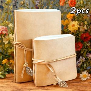 TEMU 2개/세트, 각 80페이지, 크라프트 종이 커버 스케치북, 잎 모양 펜던트 가죽 책갈피, 사각 및 직사각형 무지 노트북, 여행용 스케치북, 휴대용 여행 플래너, 저널, 미술 노트, 여행 다이어리, 문구류