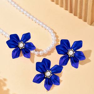 TEMU 여성을 위한 가을/겨울 우아한 목걸이 + 귀걸이 세트 3개, 프렌치 스타일 로맨틱 코트리 디자인, 인조 진주, 입체적인 블루 직조 아크릴 꽃 창의적인 주얼리, 데일리웨어, 축하, 파티, 연회용, 라이트 럭셔리 고급 선물 액세서리