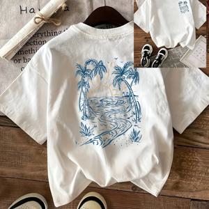 TEMU 여성용 트로피컬 팜 트리 & 터키스 워터 프린트 티셔츠 - 반투명 비치 휴가 티, 코코넛 트리 디자인, 라운드넥 반팔 캐주얼 여름 상의, 수영, 서핑 & 캐주얼 웨어 (세탁기 사용 가능)