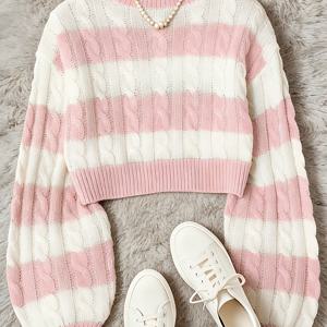 TEMU 여성 컬러 블록 라운드넥 긴팔 캐주얼 풀오버 스웨터, 긴팔 상의