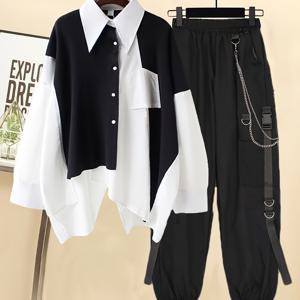 TEMU 가을 여성 스트리트웨어 2피스 세트 루즈핏 긴팔 컬러 패치워크 스플릿 불규칙 셔츠 & 리본 체인 카고 팬츠 세트 Y2K 하라주쿠 여성용 2피스 세트