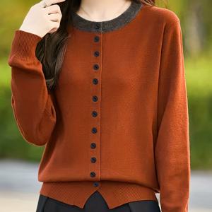 TEMU 세련되고 편안한 여성용 라운드넥 가디건, 가을/겨울용, 스타일리시한 컬러 블록 디자인, 캐주얼 웨어에 적합