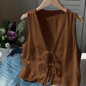 TEMU 여성용 여름 캐주얼 브ow, 앞면 타이 보우 베스트 민소매 크롭 탑, 섹시한 숏 패션 조끼, , 작업복, 심플, 내구성 있고 스타일리시한 베스트