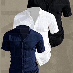 TEMU 3개 남성용 여름 반팔 셔츠 | 가볍고 통기성 좋은 단색 버튼업 캐주얼 셔츠, 스탠드 칼라, 세탁기 사용 가능, 해변 휴가, 수영장 파티 & 캐주얼 복장, 고품질, 아빠 크리스마스 선물