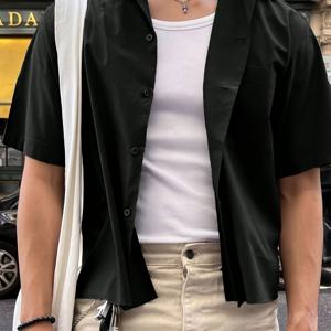 TEMU 남성용 반팔 셔츠 - 솔리드 컬러 숏 길이 버튼 블라우스, 100% 폴리에스터 세탁기 사용 가능 여름 캐주얼 & 스마트 캐주얼 웨어, 야외, 사무실, 데일리 아웃핏용 숏 길이 - WCY9935 (벨트 불필요)