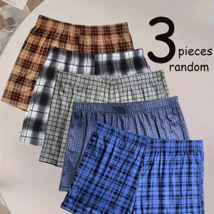 TEMU 랜덤 3개입 남성용 체크 무늬 드로즈 팬티, 편안한 클래식 패션, 통기성 좋고 집에서 편안하게 착용하기에 적합