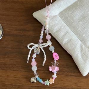 TEMU Y2K 귀여운 리본 장식 토끼 캐릭터 컬러 스타 키체인 비즈 폰 참 스트랩 체인 랜야드 러블리 폰 비즈 펜던트 여자 팔찌 스트랩 행잉