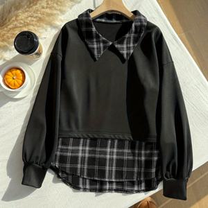 TEMU 플러스 사이즈, 여성용 캐주얼 칼라 체크 패치워크 셔츠, 가을 겨울 출근룩과 스타일, 오피스 및 비즈니스용