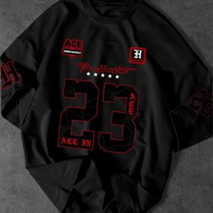 TEMU 남성 유럽 및 미국 트렌디 스트리트 스타일 티셔츠. '23'과 'The Houston' 그래픽이 특징이며, 친구들과의 모임, 캐주얼 외출, 야외 스포츠에 적합합니다. 세탁기 사용 가능.