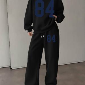 TEMU 그래픽 프린트 투피스 세트, 크루넥 스웨트셔츠 및 바지, 여성 의류