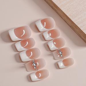 TEMU 핸드메이드 누드 인조 손톱, 부드러운 짧은 코핀 모양, 화이트 프렌치 팁, 고광택 보석 장식된 이름 없는 손가락, 스타일, 여성 및 데일리 웨어에 적합