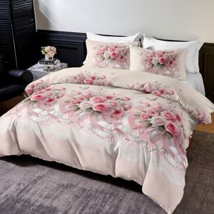 TEMU 핑크 장미 부케 3개 이불 커버 세트, 격자 무늬는 클래식하고 변하지 않는 요소이며, 격자 무늬는 다양한 분야의 스타일로 장식하여 독특함을 보여줍니다. 따뜻하고 클래식하며 스타일리시하며 부드럽고 편안합니다. 통기성 좋은 침구