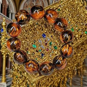 TEMU 20mm 골든 앰버 화석 비즈 팔찌 (그린 액센트) - 남녀 모두에게 적합한 고급 액세서리, 부와 행복을 상징, 발렌타인데이, 어버이날, 크리스마스 선물로 완벽, 홈 데코에도 좋습니다.