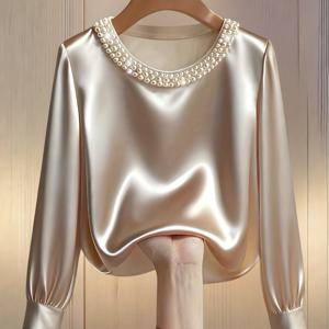 TEMU 여성용 우아한 라운드넥 진주 장식 긴팔 티셔츠, 출퇴근에 적합