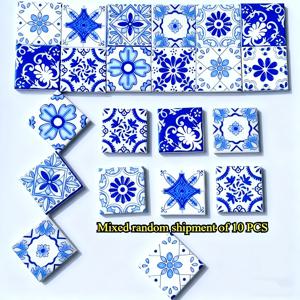TEMU 10개 혼합 빈티지 블루 앤 화이트 시리즈 수제 핸드페인팅 만다라 패턴 유리 타일, 4.8*4.8cm 융합 유리 소재, 정교한 패턴. 랜덤 혼합 배송, 다양한 컬러풀 디자인. DIY 수공예 제작, 정원 야외 벽 퍼즐 장식, 아트 장식 소재, DIY 공예 재료에 적합