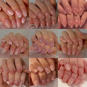 TEMU 216개 짧은 아몬드 네일 | 발레 네일 | 사각 네일 콤비네이션 세트, 데일리 간편 그라데이션 글리터 네일 팁, Pure Desire 블러쉬 그라데이션 인조 네일, 여성용 프레스온 풀 커버리지 인조 네일 세트