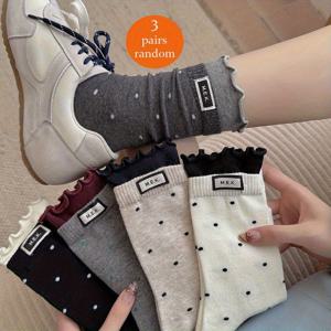 TEMU 새로운 가을/겨울용 물방울 무늬 니하이 삭스 3켤레 랜덤 세트. 러플 레이스와 단색 패브릭 라벨이 있는 다용도 스타일. 슬러치 스타일로 쉬운 대학 스타일 연출