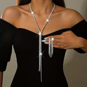 TEMU 세련된 라인스톤 Y자 태슬 주얼리 세트 - 은색 긴 목걸이 & 귀걸이, 웨딩 & 프롬을 위한 눈길을 끄는 액세서리