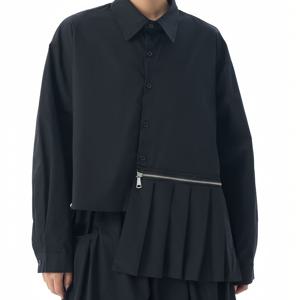 TEMU 일본 스타일 니치 디자인 비대칭 주름 여성 셔츠, 다크 미학 여성용 긴팔 상의