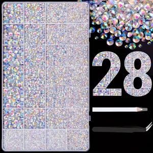 TEMU 새로운 28칸 18000개 레진 스톤 (핀셋 포함), 공예, 투명 평면 보석, 의류, 컵, 신발, 천 및 네일 아트에 적합