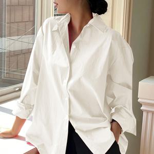 TEMU 솔리드 컬러 버튼셔츠 - 루즈핏 드롭 숄더 롱슬리브 블라우스, 솔리드 컬러 버튼프론트 플라켓, 캐주얼 & 프로페셔널 웨어를 위한 봄/가을 필수 아이템, 세탁기 사용 가능한 논스트레치 셔츠