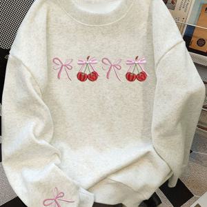 TEMU 미국 스트리트 스타일 재미있는 모조 귀여운 리본 매듭 체리 프린트 긴팔 라운드넥 스웨트셔츠 여성 및 남성용, 캐주얼 루즈핏 BF 스타일 커플 패션 탑
