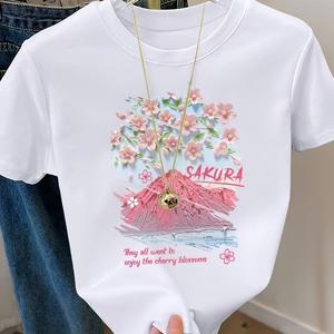 TEMU 여성용 사쿠라 벚꽃 프린트 반팔 티셔츠 - 