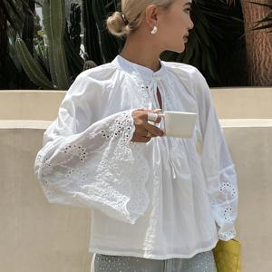 TEMU 봄/여름 캐주얼 휴가 스타일 스탠드 칼라 타이웨이스트 플레어 슬리브 탑