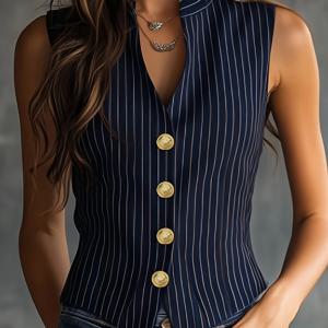 TEMU 여성용 빈티지 세로 민소매 탑, 스탠드 칼라 허리라인 강조 커뮤터 다용도 버튼 베스트 셔츠, 봄/여름 및 하지날에 적합