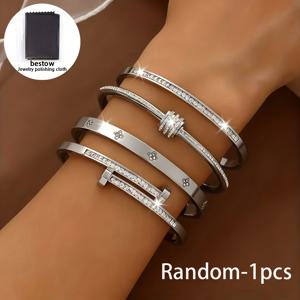 TEMU 여성용 스테인리스 스틸 뱅글 1개 랜덤 + 광택 천 1개, 프렌치 레트로 엘레강스 스타일, 내구성 좋은 변색 방지 주얼리, 캐주얼룩과 파티에 이상적인 액세서리, 완벽한 생일 및 휴일 선물