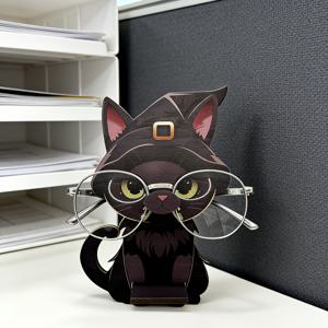 TEMU 1개 귀여운 마법 검은 고양이 안경 홀더 만화 동물 모양 안경 프레임, 녹색 안경과 마법 모자를 쓴 검은 고양이, 침대 옆 테이블에 적합한 인스 이지 스타일