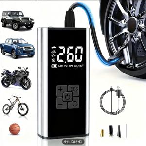 TEMU 타이어 공기압 주입기 휴대용 무선 올인원 세트 6000mAh 타이어 압력 모니터링/led손전등/보조배터리/자동차 농구공 자전거 다용도에어펌프, 블랙, 1세트