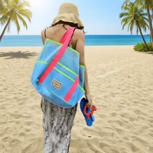 TEMU 눈길 사로잡는 대형 메쉬 비치백 수영 물놀이 가방 58*10*40cm 블루