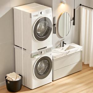 TEMU 공간절약 필수템 세탁기·건조기 적층키트(조절형)｜24~27인치(약 60.96~68.58cm) 프론트로드 호환｜고정벨트·미끄럼방지패드 4개 포함(진동완화)｜강화 PP 판넬·보강 스틸튜브 구조·최대하중 150kg 지지｜원룸·아파트·세탁실·다용도실 공간정리·청소 편리｜간편 조립·2인 설치 권장