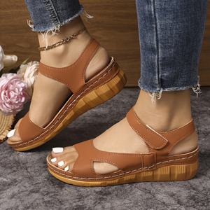 TEMU 여성 웨지 샌들 단색 오픈 토우 편안한 다용도 비치 후크 앤 루프 두꺼운 밑창 샌들, 여성 신발