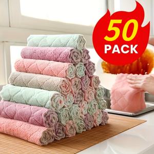 TEMU 50개입 극세사 청소용 천 세트. 부드럽고 양면 사용 가능한 논-브라시 재사용 가능 헝겊으로, 주방, 욕실 및 자동차 창문 청소 등 다양한 용도에 적합합니다. 다양한 색상으로 제공됩니다.