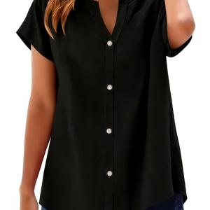 TEMU 여성용 우아한 패션 반팔 V넥 버튼 기본 셔츠, 캐주얼하고 스타일리시함