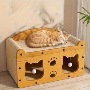 TEMU 듀얼-유용 고양이 쉼터 및 스크래칭 포스트, 단일 또는 이중 레이어 옵션, 흔들리는 장난감, 포근한 침대 및 스크래쳐 조합, 튼튼한 골판지 놀이 공간, 사계절에 적합, 고양이 애호가를 위한 이상적인 선물