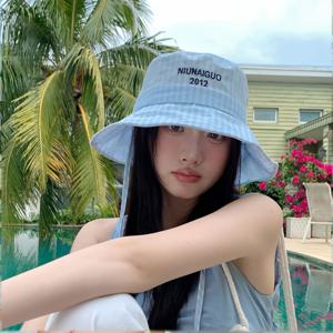 TEMU 1개 일본 레터 자수 낚시 모자 여성용 봄/여름 레트로 체크 선캡 다용도 리본 선캡